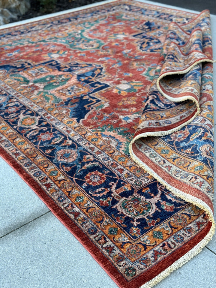 9x11-12 (270x365) Handmade Afghan Rug | Brick Red Navy Blue Moss Green Honey Terracotta Ivory | Wool Heriz Turkish Persian Oriental