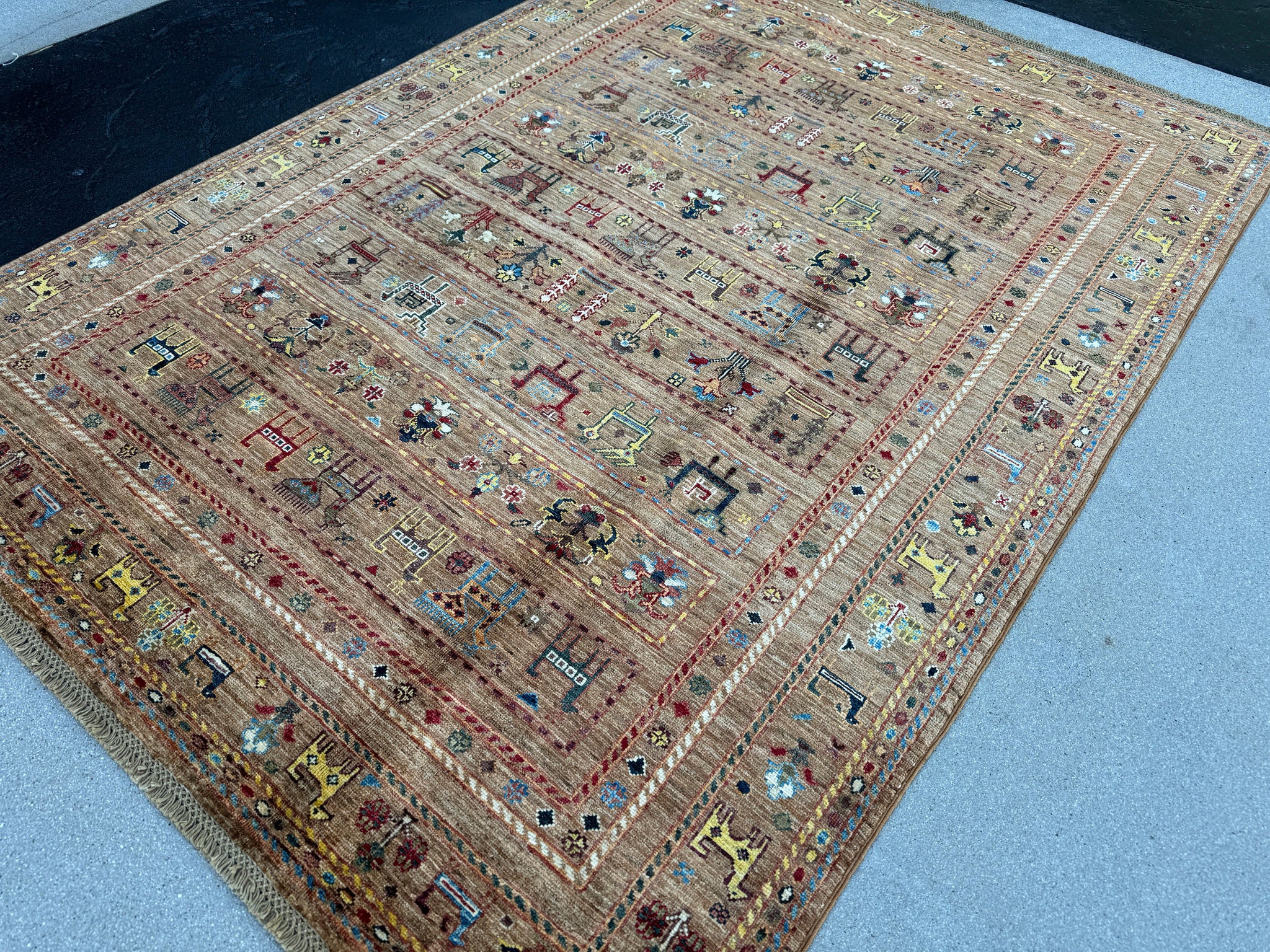 5x7 (150x215) Hand Knotted Afghan Rug | Coffee Chocolate Gold Sapphire Blue Scarlet Red Ivory Rust Orange | Nature Animal Persian