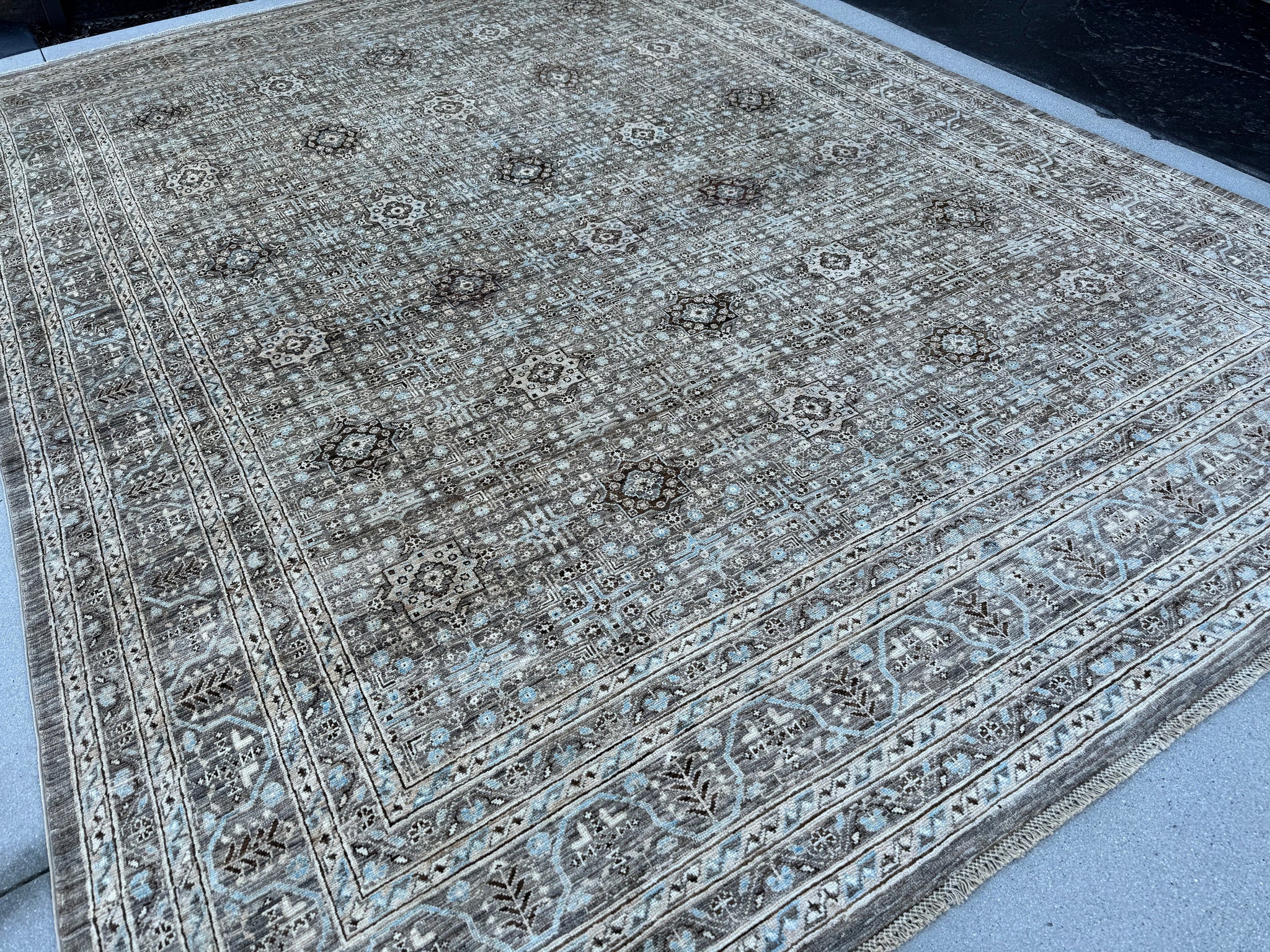 9x12 (270x360) Hand Knotted Afghan Rug | Taupe Grey Soft Ivory Dusty Blue Charcoal Slate Beige Teal | Persian Subtle Classic Medallions