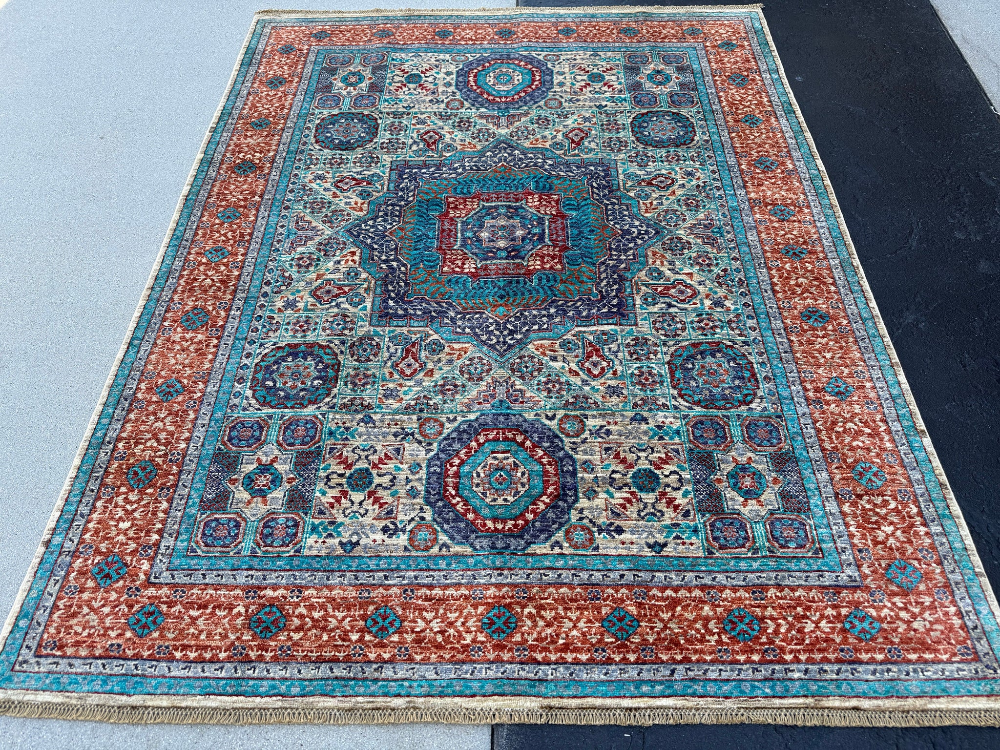 5x6-7 (180x245) Hand Knotted Afghan Rug | Denim Blue Brick Red Cream Turquoise Sapphire Blue Dusty Rose| Bold Classic Medallions