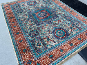 5x6-7 (180x245) Hand Knotted Afghan Rug | Denim Blue Brick Red Cream Turquoise Sapphire Blue Dusty Rose| Bold Classic Medallions