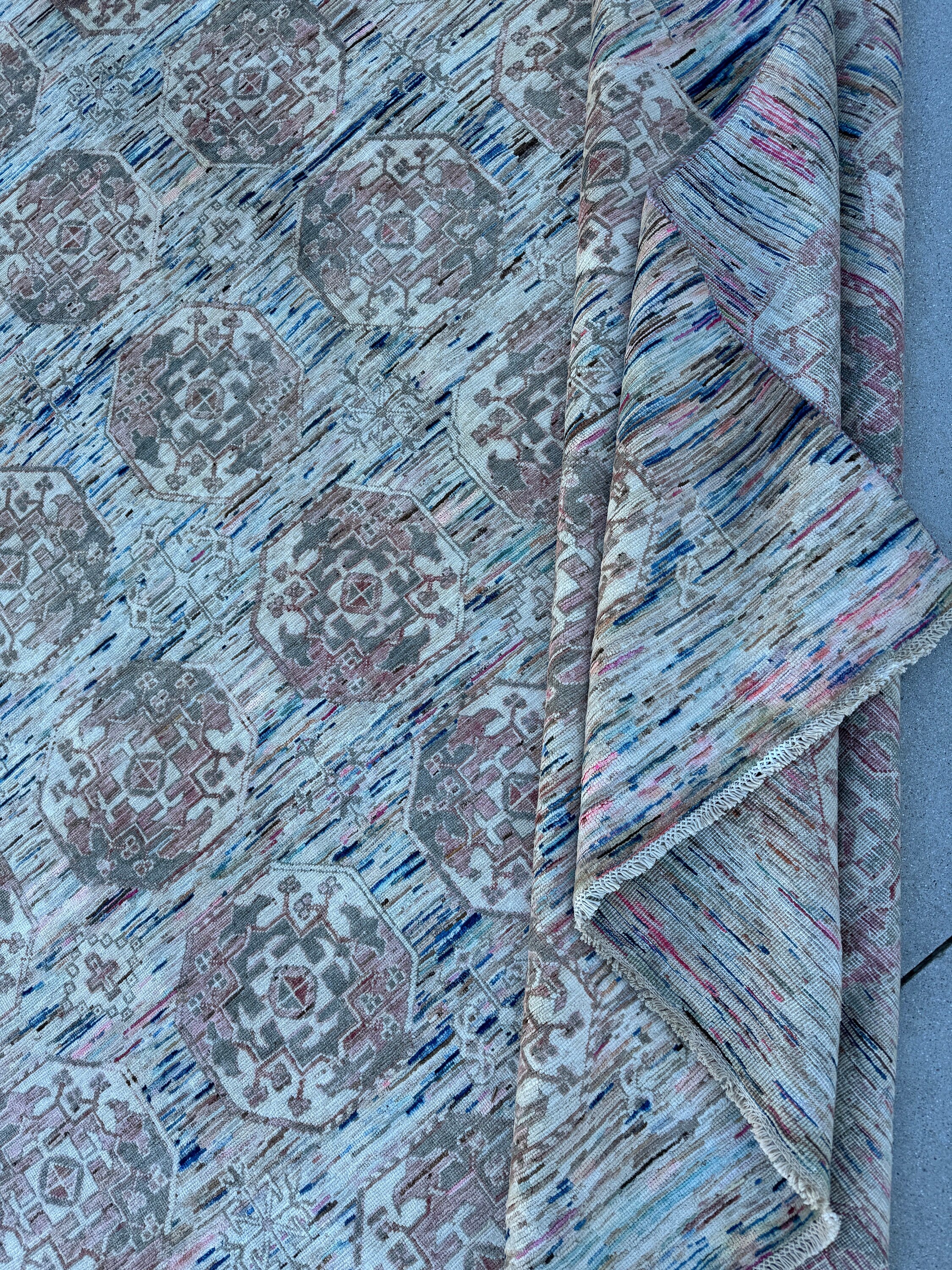 9x12 (270x360) Hand Knotted Afghan Rug | Charcoal Grey Coffee Ivory Blue Pink Light Red Black | Persian Subtle Classic Medallions