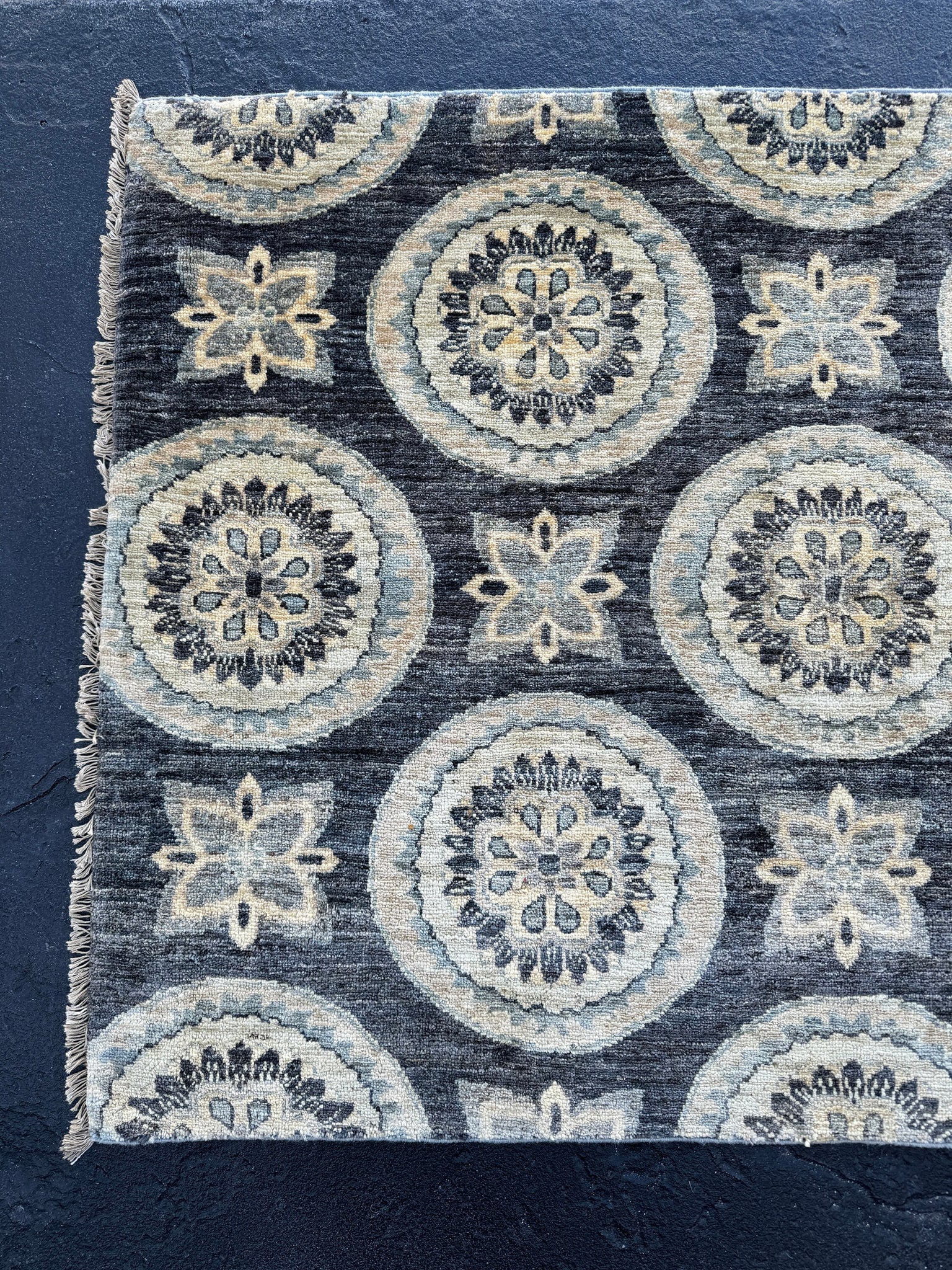 3x11 (90x 335) Handmade Afghan Rug Runner | Navy Blue Denim Blue Light Yellow Cream | Tribal Oriental Boho Wool Hand Knotted