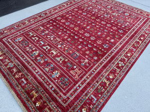 6x8-9 (180x245) Hand Knotted Afghan Rug | Deep Crimson Navy Blue Beige Olive Green Ivory Gold Light Blue | Animals Bold Colors