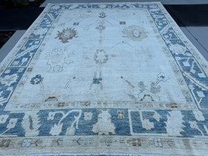 9x11~12 (270x350) Handmade Afghan Rug | Beige Cream White Ivory Denim Blue Taupe Coffee Brown | Wool Oushak Hand Knotted Tribal Floral