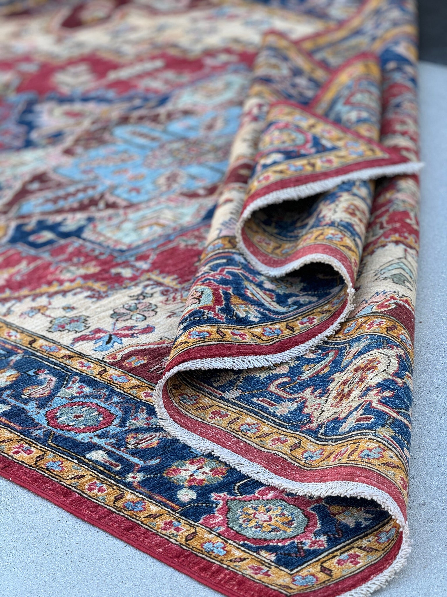 6x9 (180x274) Hand Knotted Afghan Rug | Cherry Red Sapphire Sky Navy Blue Beige Gold Cream Olive Green Rose Pink Mustard Yellow | Wool Heriz