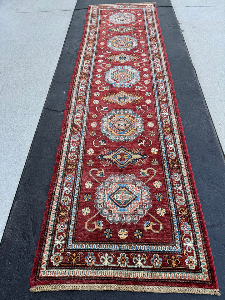 3x10 (90x305) Handmade Afghan Rug Runner | Brick Red Maroon Sky Denim Blue Beige Turquoise Burnt Orange Olive Green White Ivory Gold | Wool