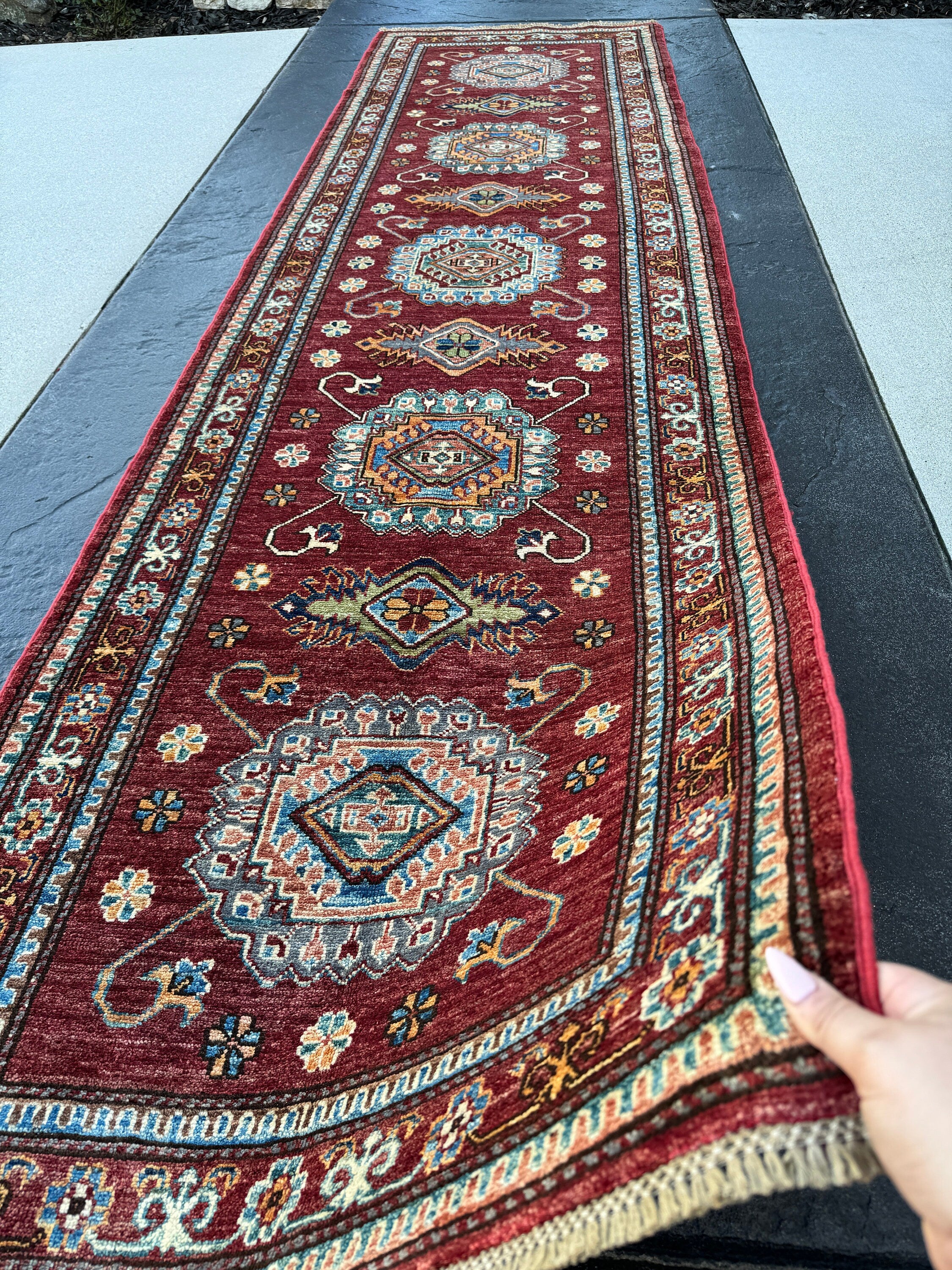 3x10 (90x305) Handmade Afghan Rug Runner | Brick Red Maroon Sky Denim Blue Beige Turquoise Burnt Orange Olive Green White Ivory Gold | Wool