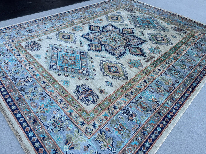 8x10 (240x300) Handmade Afghan Rug | Cream Baby Powder Navy Blue Teal Turquoise Olive Green Rust Orange Terracotta | Wool Kazak Hand Knotted