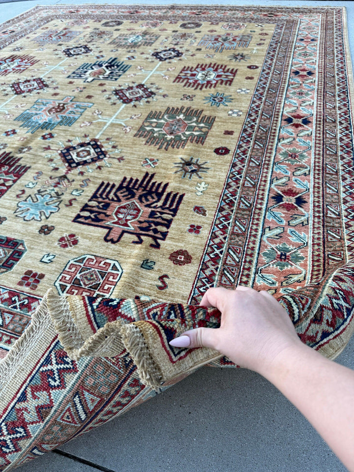 8x10 Handmade Afghan Rug | Beige Sand Tan Burgundy Crimson Red Sapphire Navy Blue Teal Turquoise Terracotta Rust Orange Ivory Olive Green