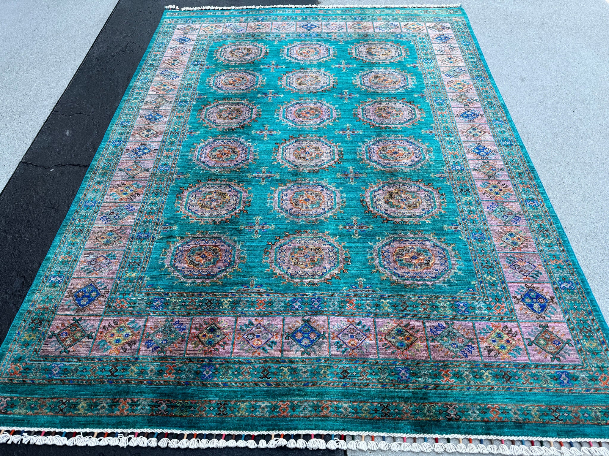 6x8 (180x245) Hand Knotted Afghan Rug | Teal Rust Orange Lavender Mint Green Dusty Rose Salmon Pink Ivory Indigo | Wool Hand Knotted