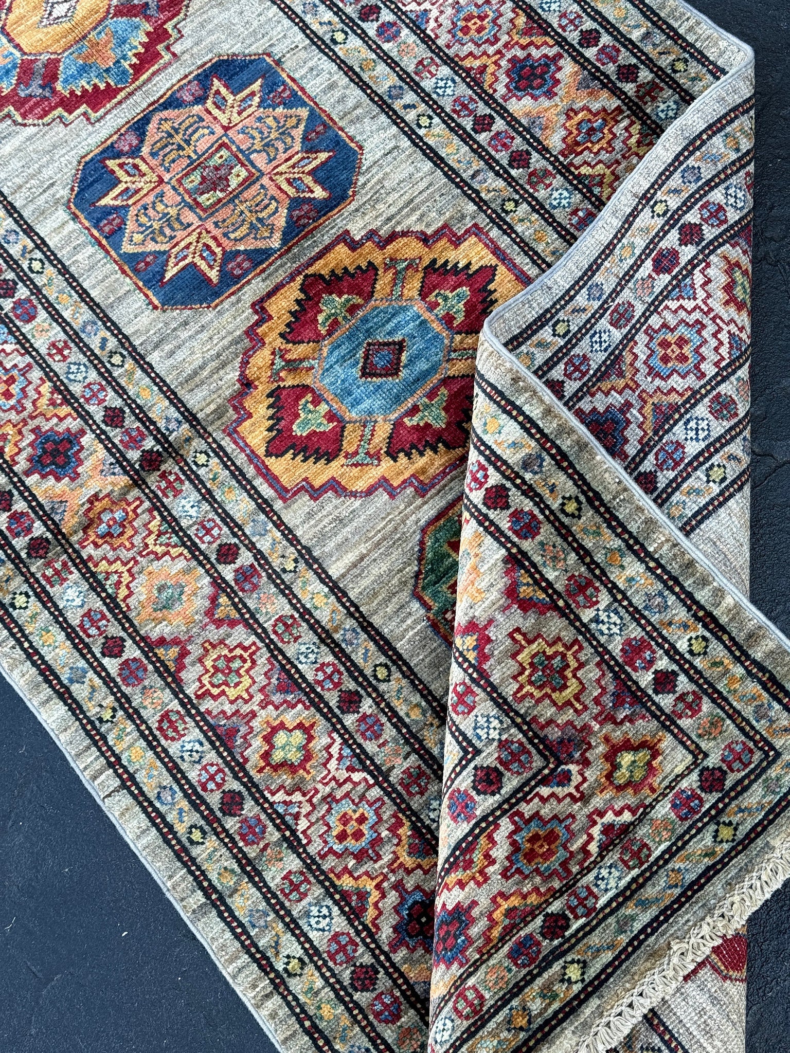 3x9 (90x274) Handmade Afghan Runner Rug | Beige Sand Crimson Red Teal Midnight Sky Blue Burnt Orange Gold Grey | Wool Hand Knotted Medallion