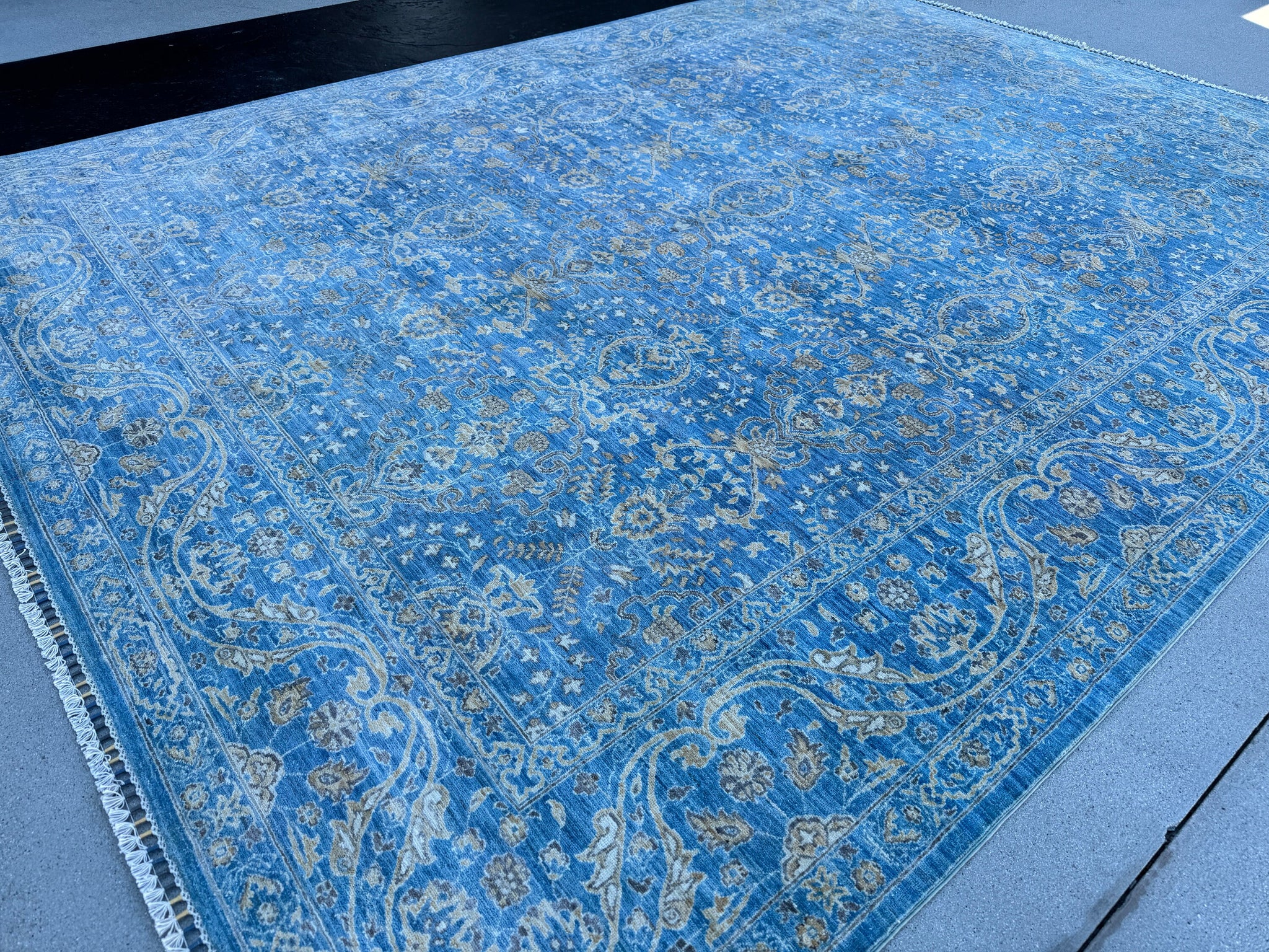 9x11 (275x335) Handmade Afghan Rug | Royal Denim Sky Blue Gold Cream Grey Gray | Wool Floral Hand Knotted Turkish Persian