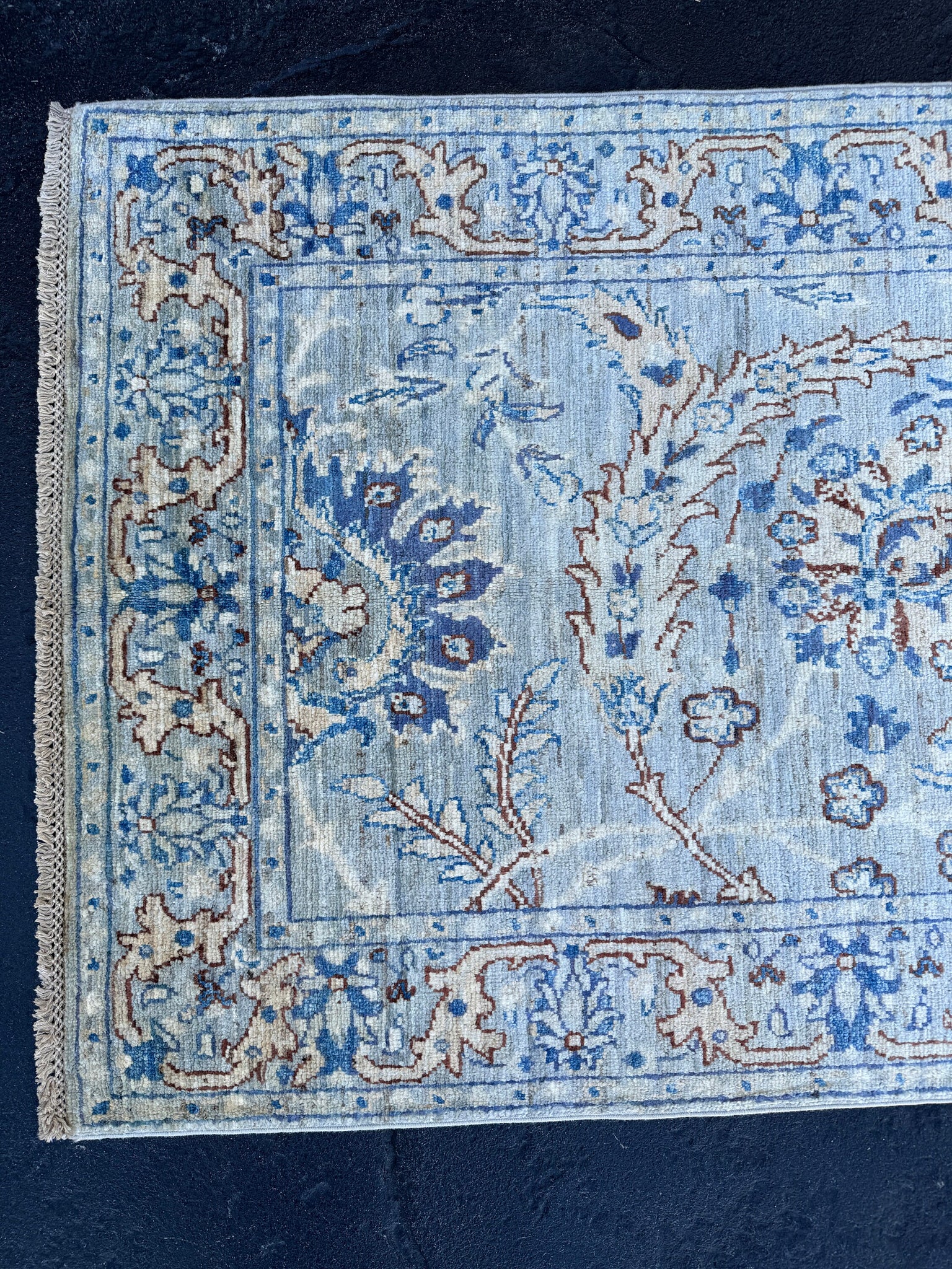 3x10 (91x304) Handmade Afghan Runner Rug | Powder Baby Denim Navy Blue Cream Taupe Sand Rust Orange | Wool Floral Hand Knotted