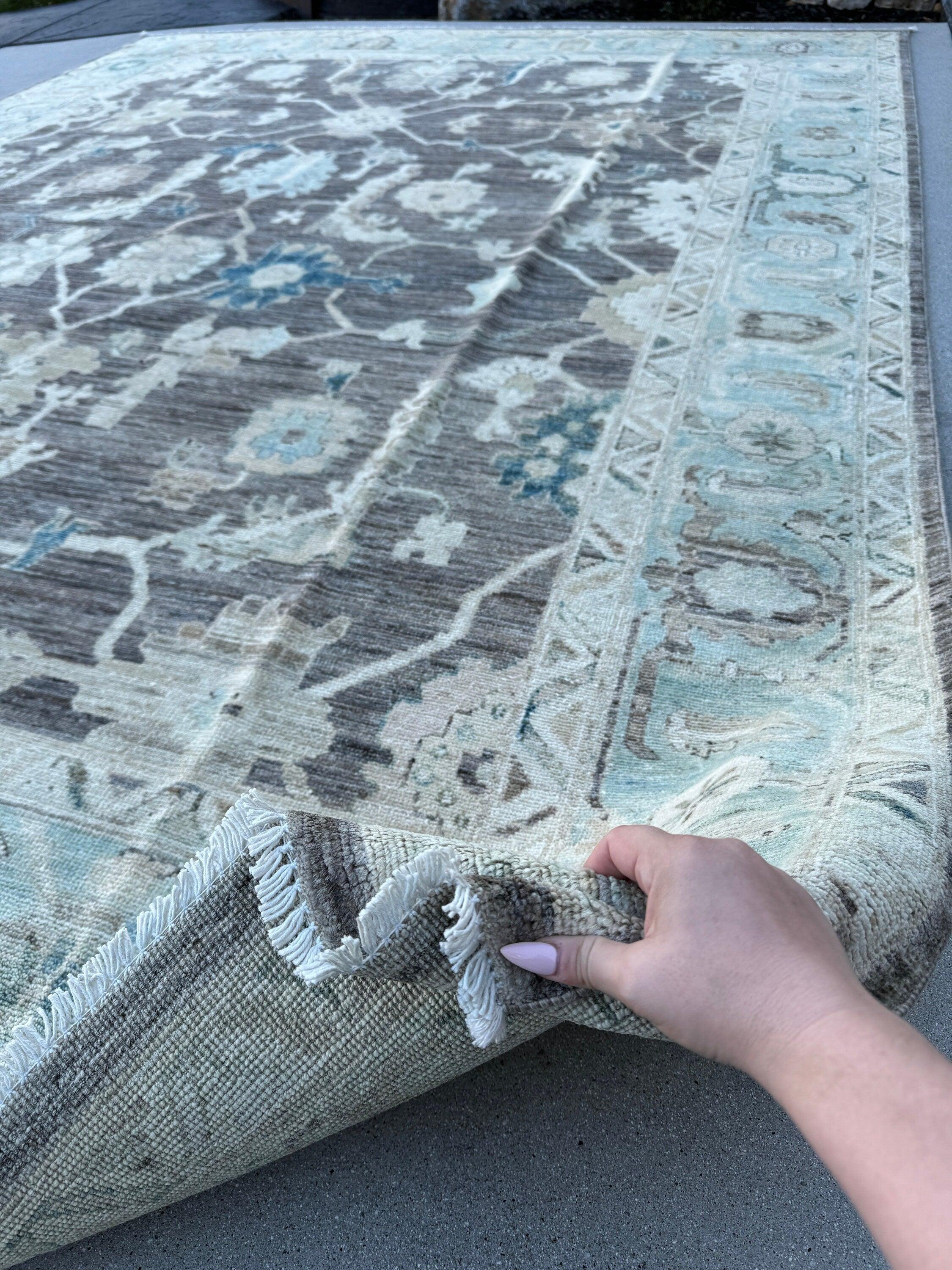 9x12 (270x365) Handmade Afghan Rug | Charcoal Grey Gray Baby Aqua Blue Cream Teal Taupe | Wool Oushak Hand Knotted Persian Floral