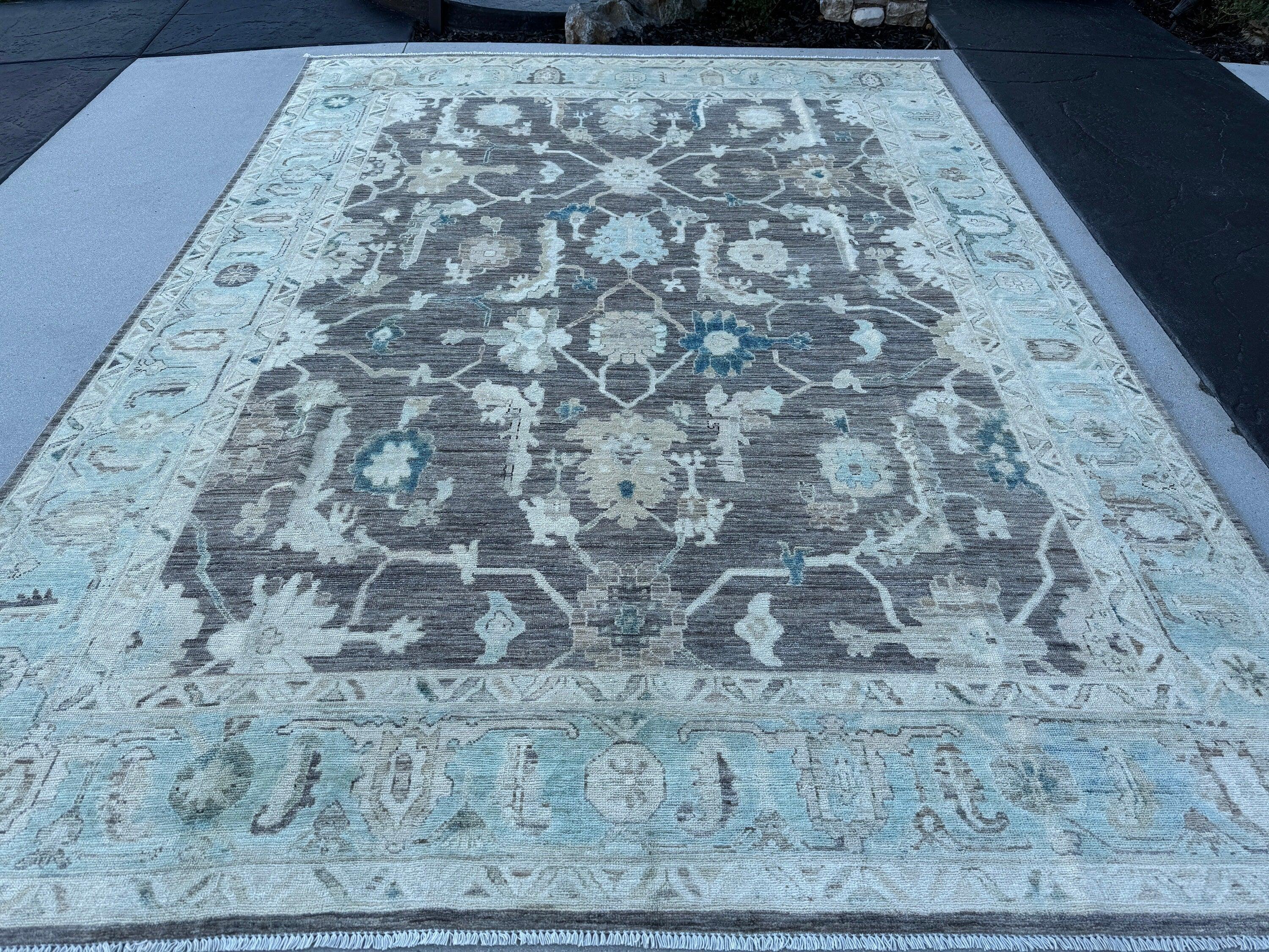 9x12 (270x365) Handmade Afghan Rug | Charcoal Grey Gray Baby Aqua Blue Cream Teal Taupe | Wool Oushak Hand Knotted Persian Floral