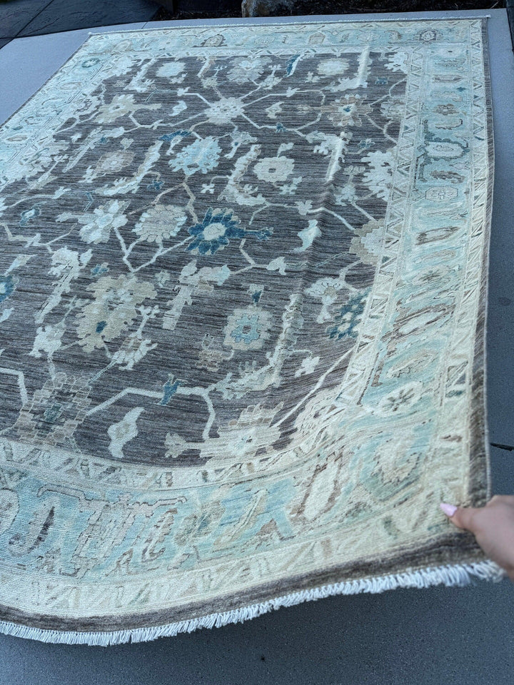 9x12 (270x365) Handmade Afghan Rug | Charcoal Grey Gray Baby Aqua Blue Cream Teal Taupe | Wool Oushak Hand Knotted Persian Floral