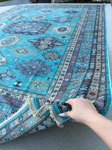 9x12 (270x365) Handmade Afghan Rug | Turquoise Teal Navy Sky Blue Cream Ivory Rust Orange Slate Grey Sage Green Lilac Brick Red | Wool Kazak