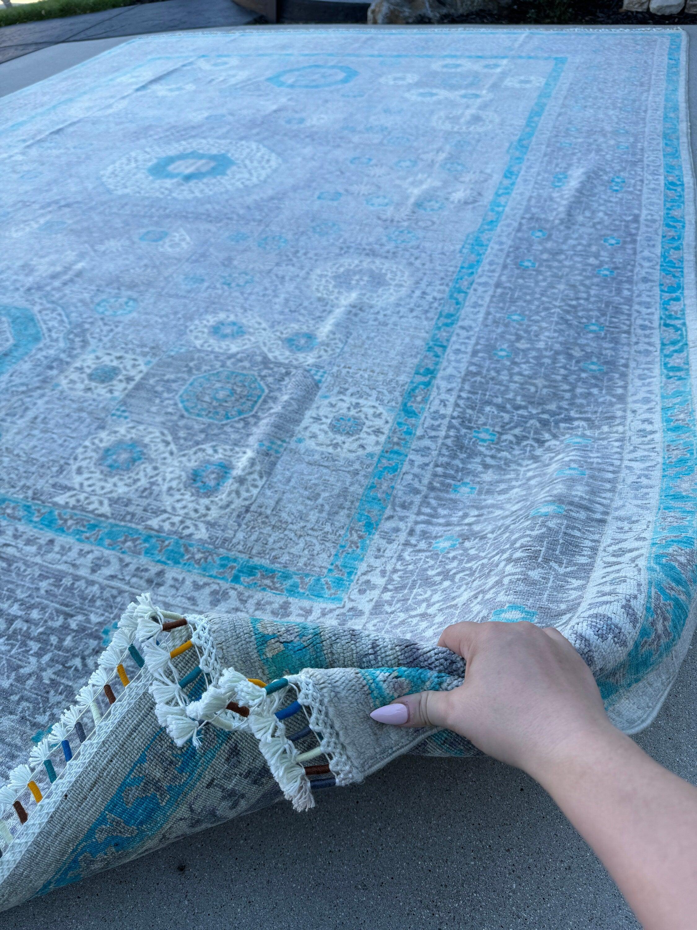 9x12 (270x365) Handmade Afghan Rug | Grey Gray Turquoise Silver Aqua Powder Blue Ivory | Wool Mamluk Hand Knotted Medallion Egyptian