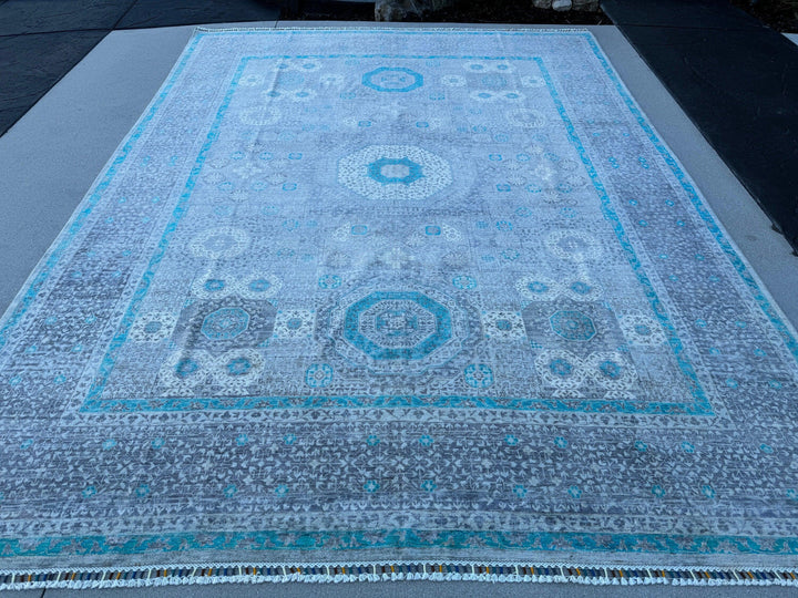 9x12 (270x365) Handmade Afghan Rug | Grey Gray Turquoise Silver Aqua Powder Blue Ivory | Wool Mamluk Hand Knotted Medallion Egyptian