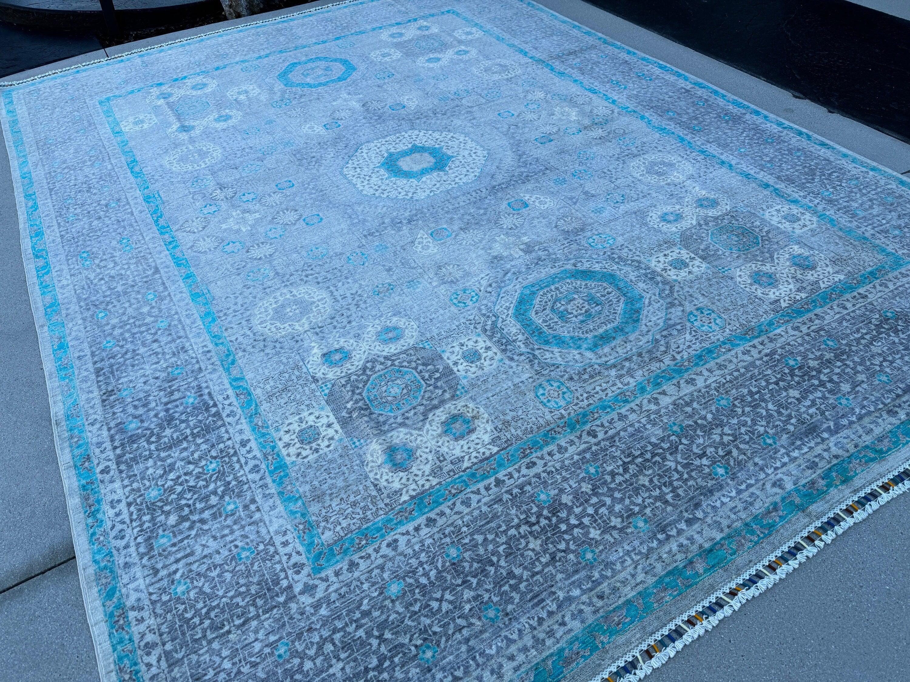 9x12 (270x365) Handmade Afghan Rug | Grey Gray Turquoise Silver Aqua Powder Blue Ivory | Wool Mamluk Hand Knotted Medallion Egyptian