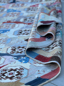 9x12 (270x365) Handmade Afghan Rug | Multicolor Grey Baby Navy Denim Blue Wine Red Sand Beige Cornsilk Crimson Black Baby Pink Turquoise