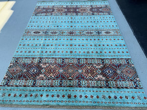 5x7 (150x 215) Hand Knotted Afghan Rug | Teal Turquoise Blue Chocolate Brown Brick Red Cream Navy Blue Black | Turkish Stripes
