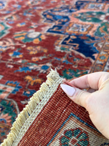 9x11-12 (270x365) Handmade Afghan Rug | Brick Red Navy Blue Moss Green Honey Terracotta Ivory | Wool Heriz Turkish Persian Oriental