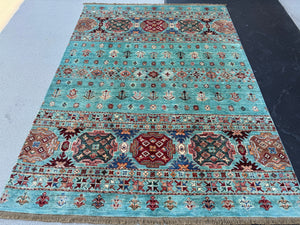5x7 (150x 215) Hand Knotted Afghan Rug | Aquamarine Blue Chocolate Brown Ruby Red Forest Green Cream Navy Blue Black | Turkish Stripes