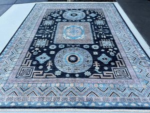 9x11 (240x300) Hand Knotted Afghan Rug | Black Navy Blue Sky Blue Peach Dusty Rose Taupe Ivory Honey | Turkish Medallions