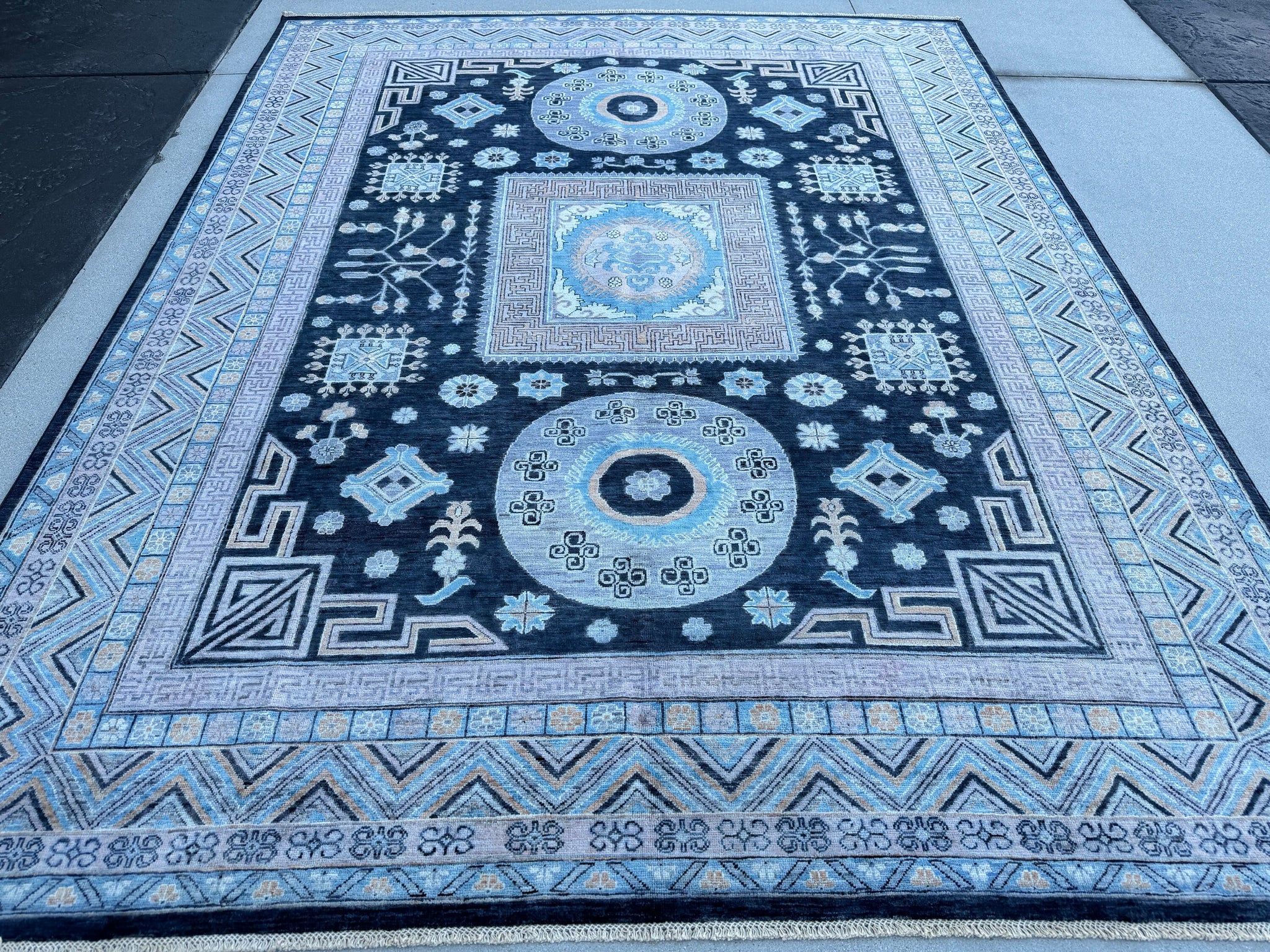 9x11 (240x300) Hand Knotted Afghan Rug | Black Navy Blue Sky Blue Peach Dusty Rose Taupe Ivory Honey | Turkish Medallions