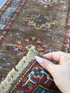 3x10 (90x305) Handmade Afghan Rug Runner | Chocolate Caramel Red Teal Navy Blue Ivory | Tribal Oriental Boho Wool Knotted