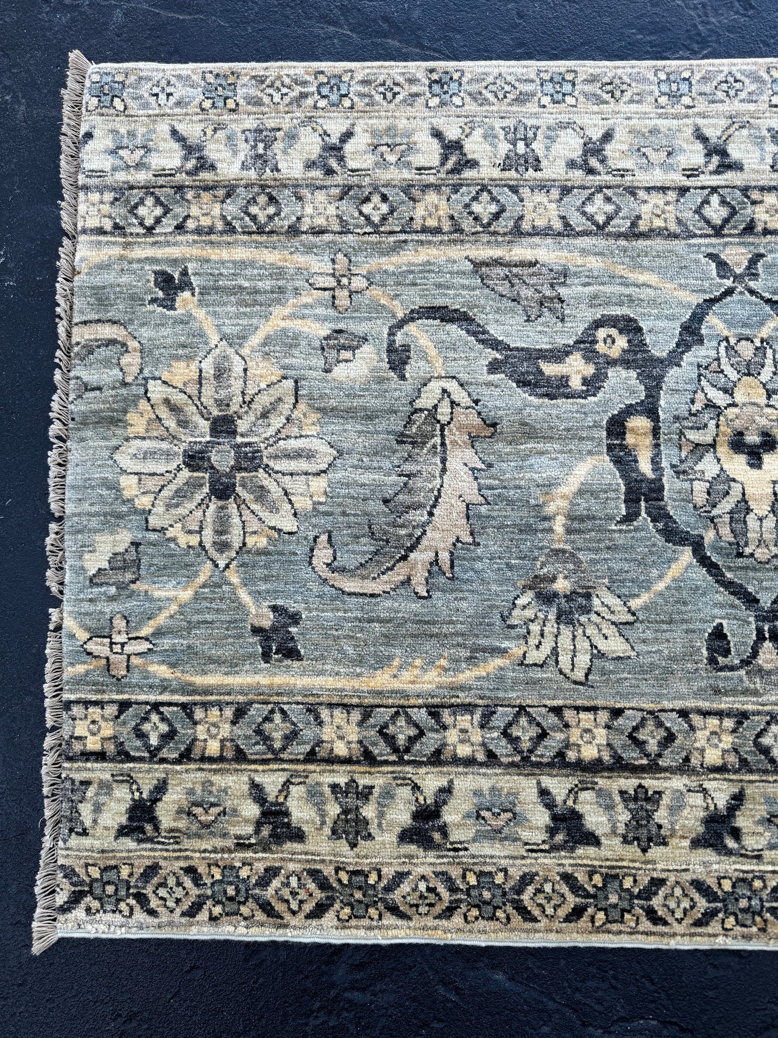 3x11 (90x 335) Handmade Afghan Rug Runner | Charcoal Grey Navy Blue Black Light Blue Tan Ivory | Tribal Oriental Boho Wool Hand Knotted