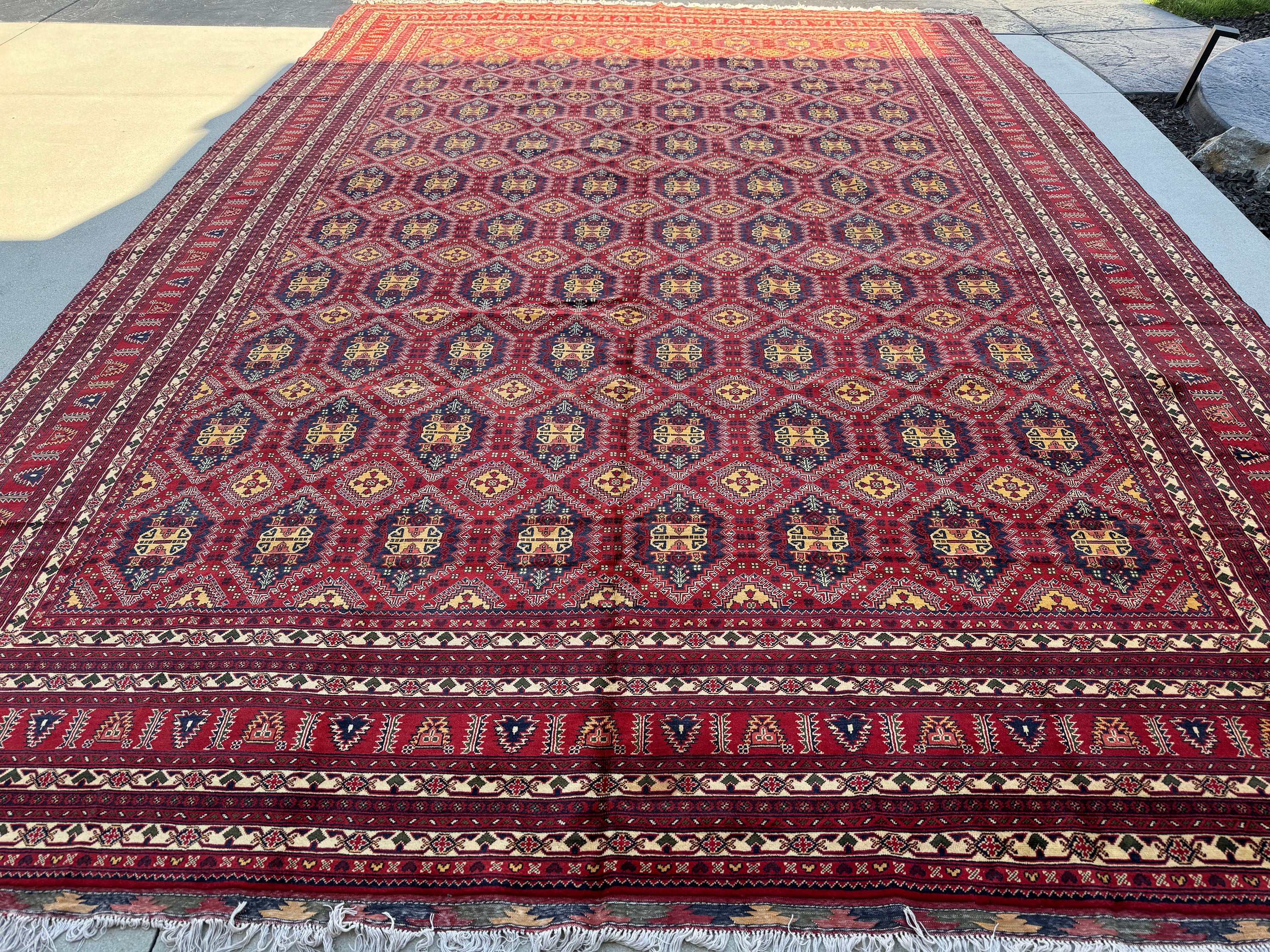 13x20 Handmade Afghan Rug | Red Maroon Orange Blue Green Mustard Yellow Honey Cream Beige | Turkish Oushak Boho Bohemian