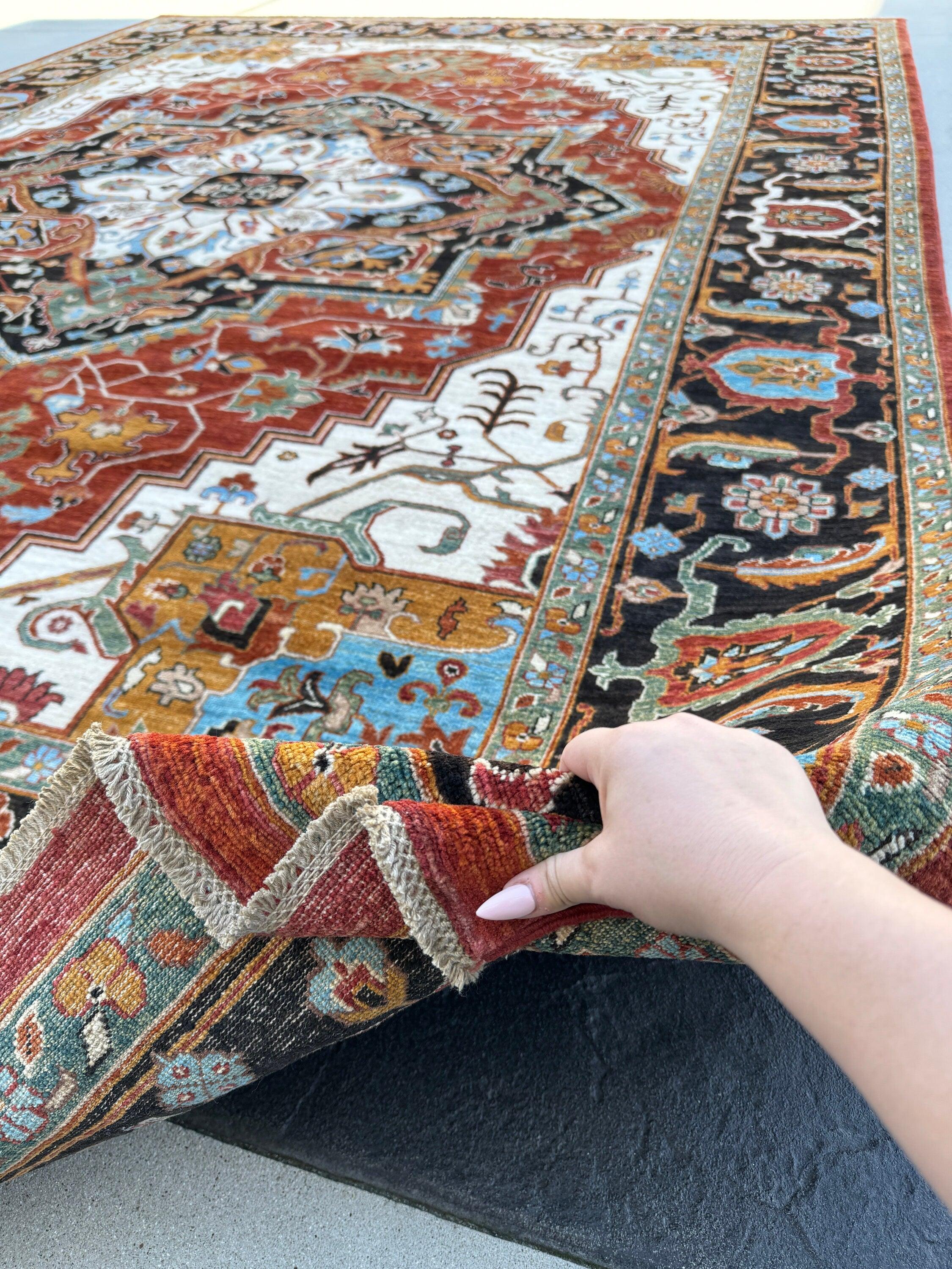 10x14 (305x400) Hand Knotted Afghan Rug | Ivory Cream Beige Black Ruby Red Teal Terracotta Honey Moss Green | Floral Persian Wool