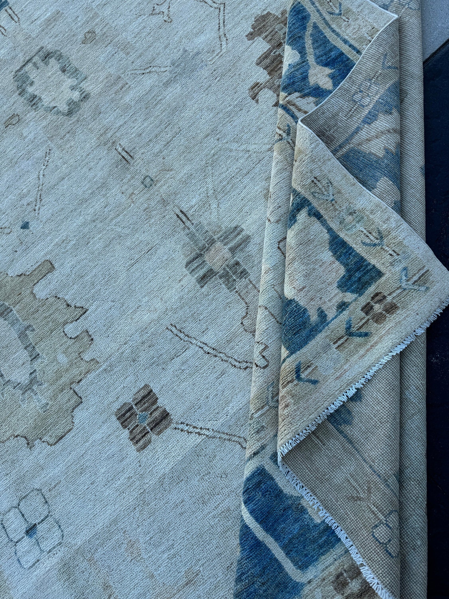 9x11~12 (270x350) Handmade Afghan Rug | Beige Cream White Ivory Denim Blue Taupe Coffee Brown | Wool Oushak Hand Knotted Tribal Floral