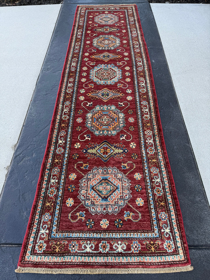 3x10 (90x305) Handmade Afghan Rug Runner | Brick Red Maroon Sky Denim Blue Beige Turquoise Burnt Orange Olive Green White Ivory Gold | Wool