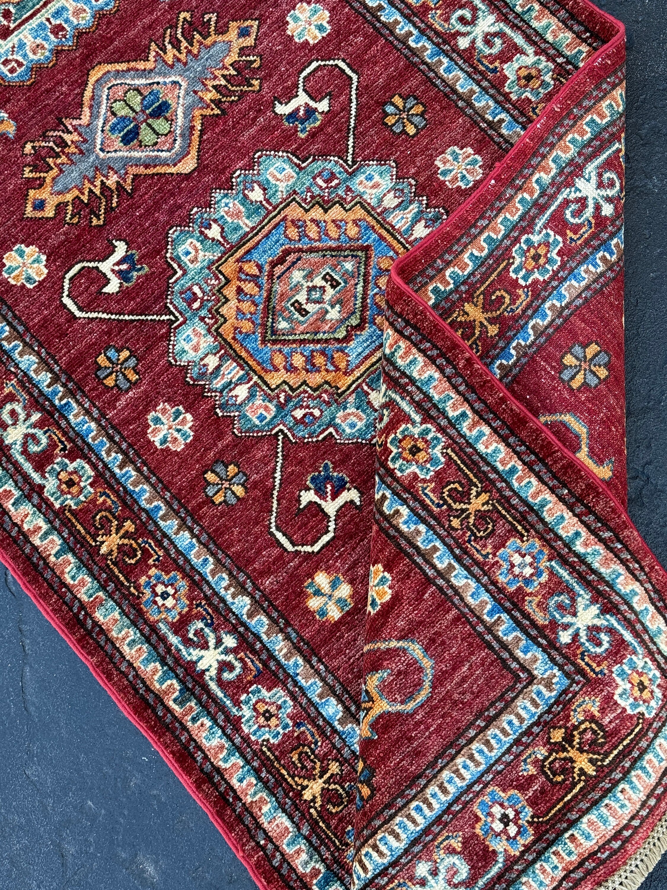 3x10 (90x305) Handmade Afghan Rug Runner | Brick Red Maroon Sky Denim Blue Beige Turquoise Burnt Orange Olive Green White Ivory Gold | Wool