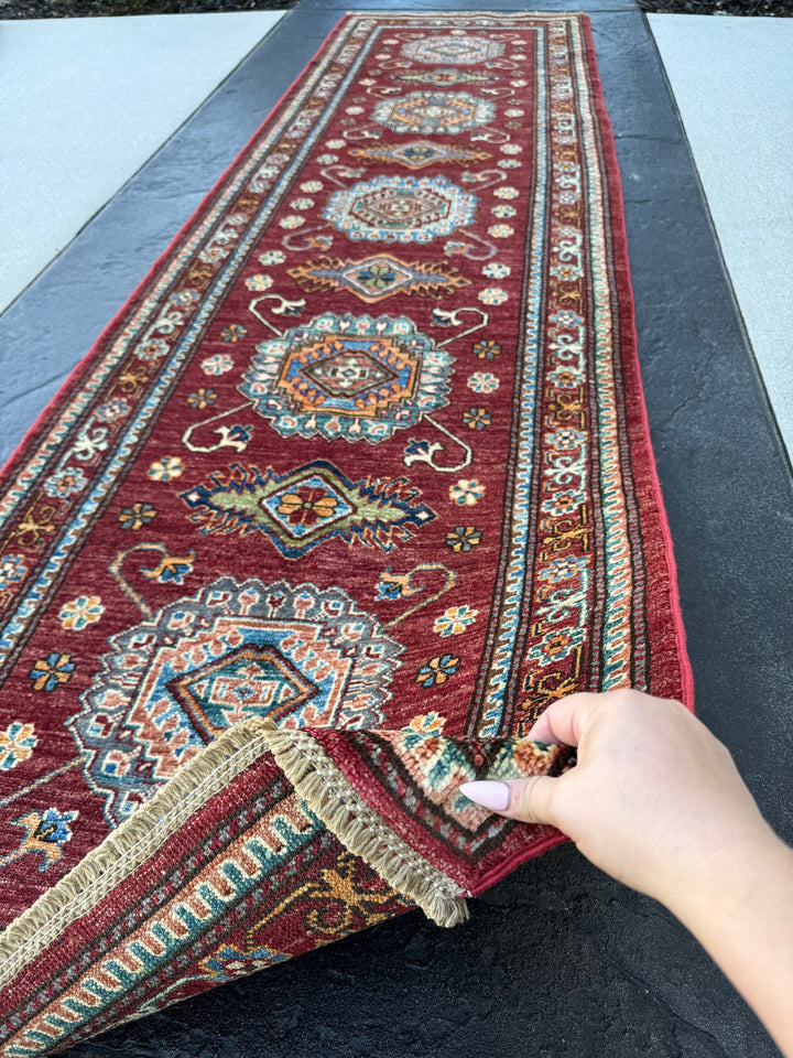 3x10 (90x305) Handmade Afghan Rug Runner | Brick Red Maroon Sky Denim Blue Beige Turquoise Burnt Orange Olive Green White Ivory Gold | Wool