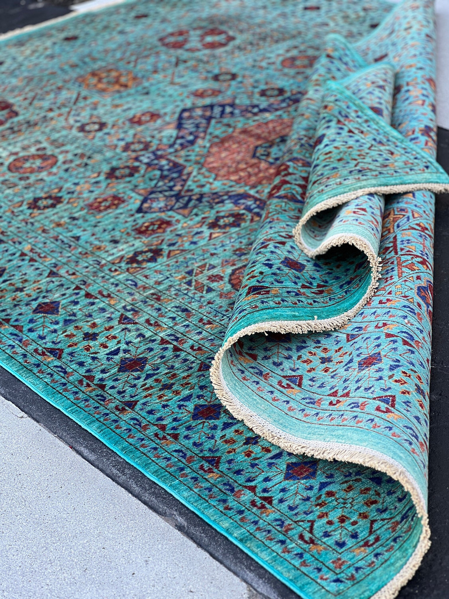 6x8 (180x245) Hand Knotted Afghan Rug | Teal Turquoise Terra Cotta Royal Blue Forest Green Mustard Yellow Ivory Burgundy | Wool Mamluk