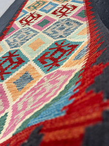 3x10 Handmade Afghan Kilim Runner Rug | Blood Red Sky Blue Beige Burnt Orange Forest Green Rose Pink Teal Cream | Wool Flatweave Turkish