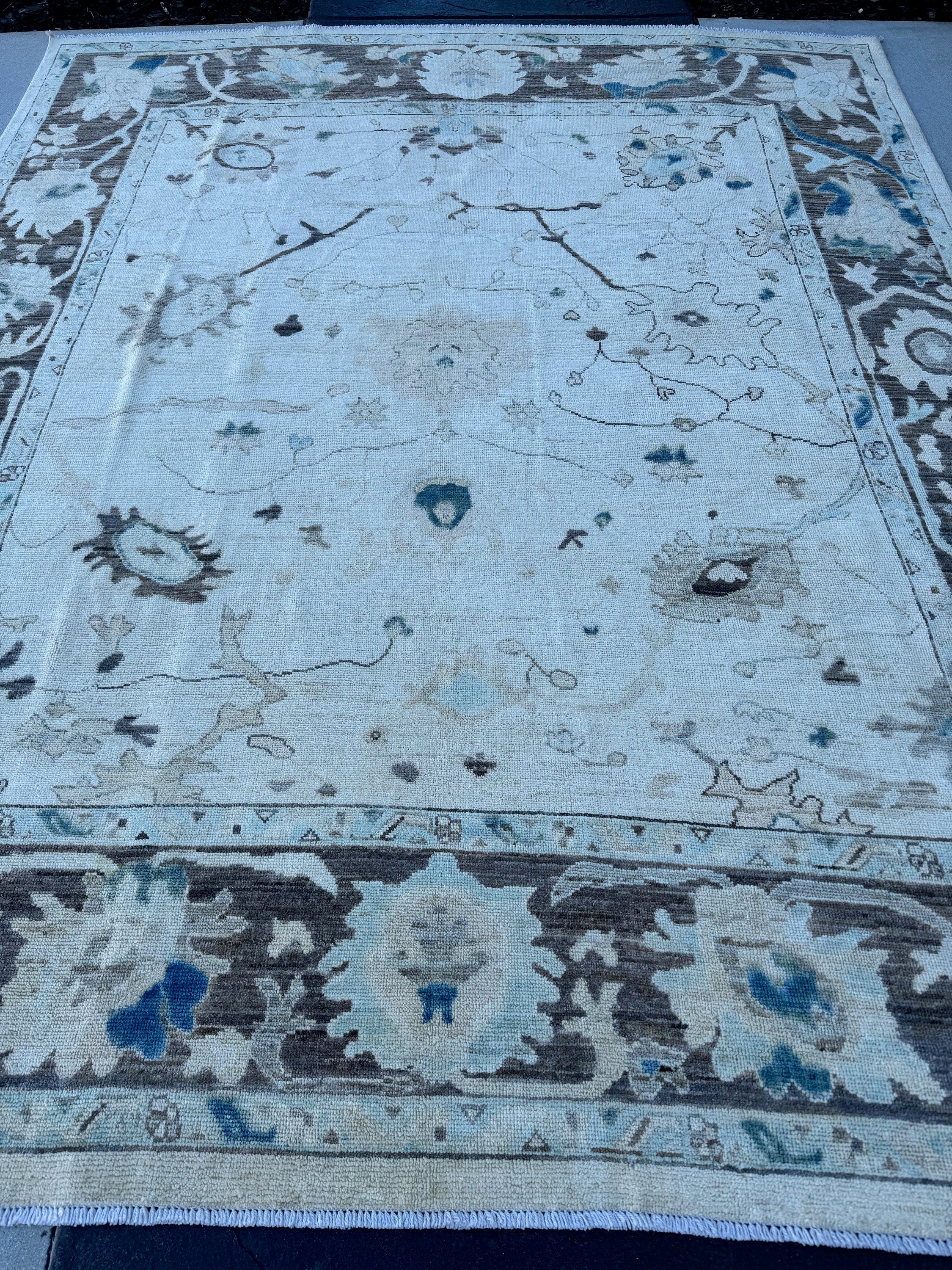 8x10 (240x300) Handmade Afghan Rug | Cream White Taupe Brown Powder Prussian Blue Dusty Rose | Wool Oushak Floral Persian