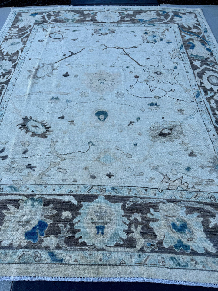 8x10 (240x300) Handmade Afghan Rug | Cream White Taupe Brown Powder Prussian Blue Dusty Rose | Wool Oushak Floral Persian