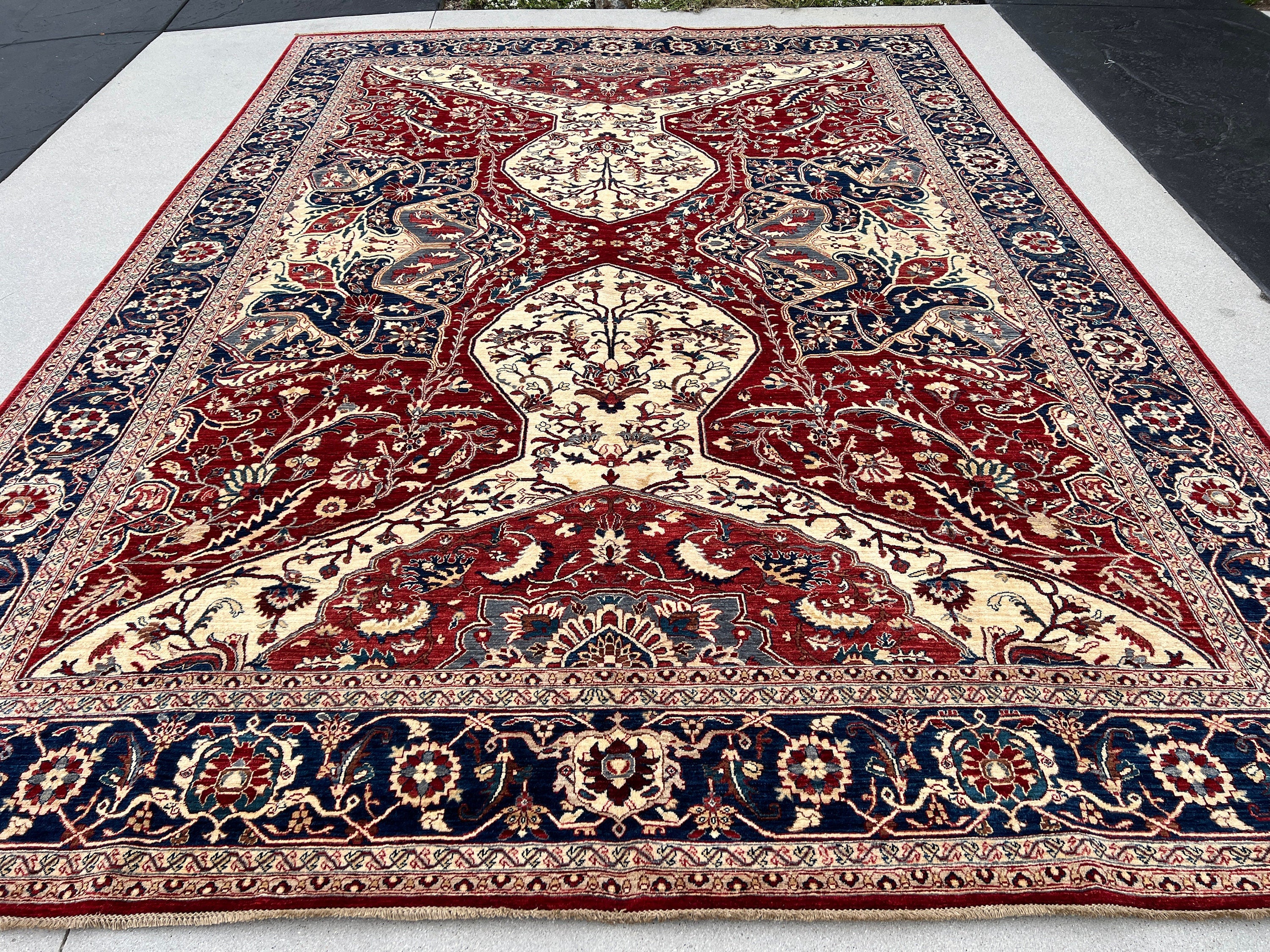 9x12 (274x365) Handmade Afghan Rug | Crimson Red Midnight Steel Blue Ivory Cream White | Wool Persian Heriz Floral Turkish