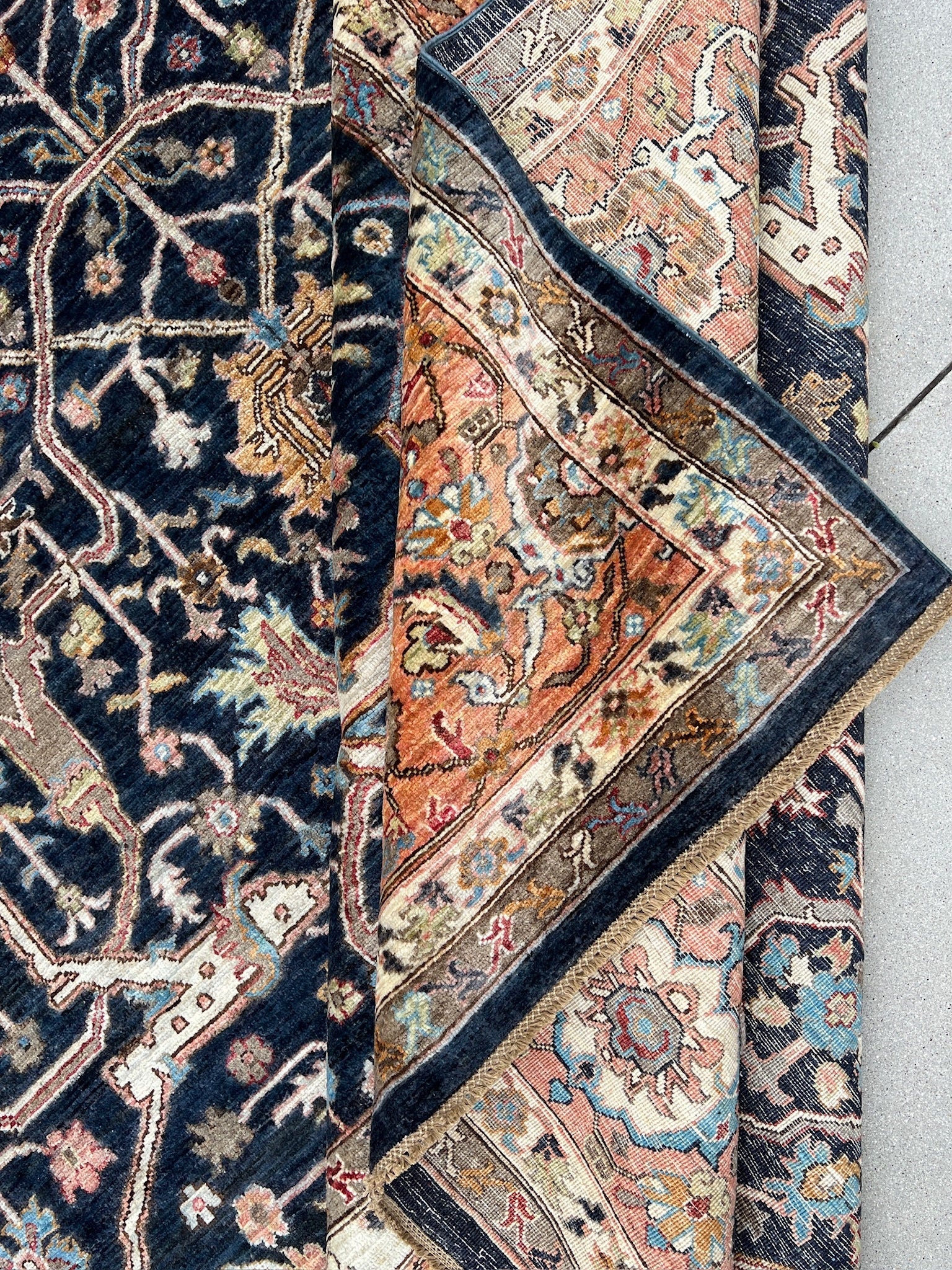 10x14 (305x400) Hand Knotted Afghan Rug | Midnight Sapphire Blue Burnt Rust Orange Cream Teal Salmon Sage Green Chocolate Brown | Wool