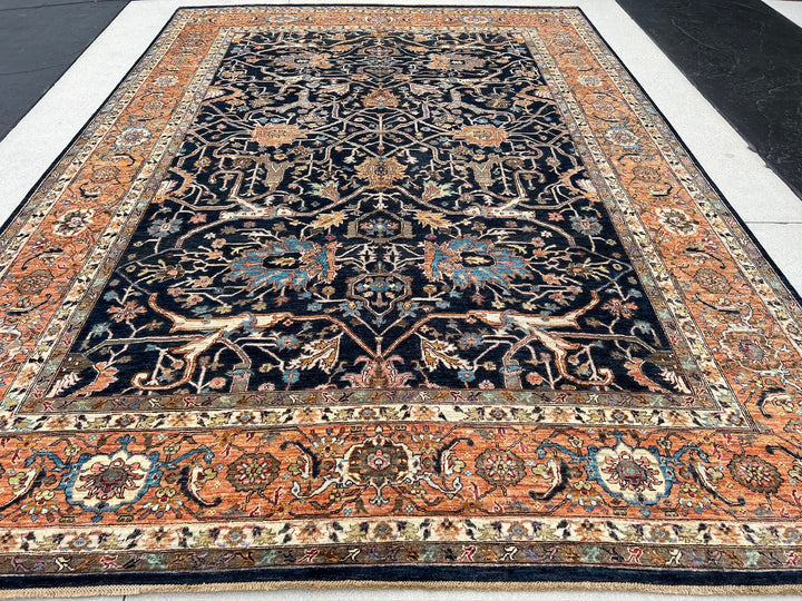 10x14 (305x400) Hand Knotted Afghan Rug | Midnight Sapphire Blue Burnt Rust Orange Cream Teal Salmon Sage Green Chocolate Brown | Wool