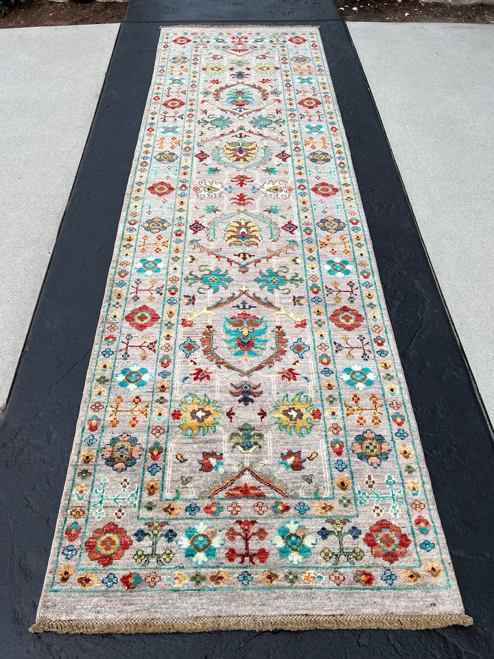 3x9 (91x290) Handmade Afghan Runner Rug | Grey White Ivory Steel Turquoise Crimson Red Forest Green Golden Yellow Burnt Orange Teal Sapphire