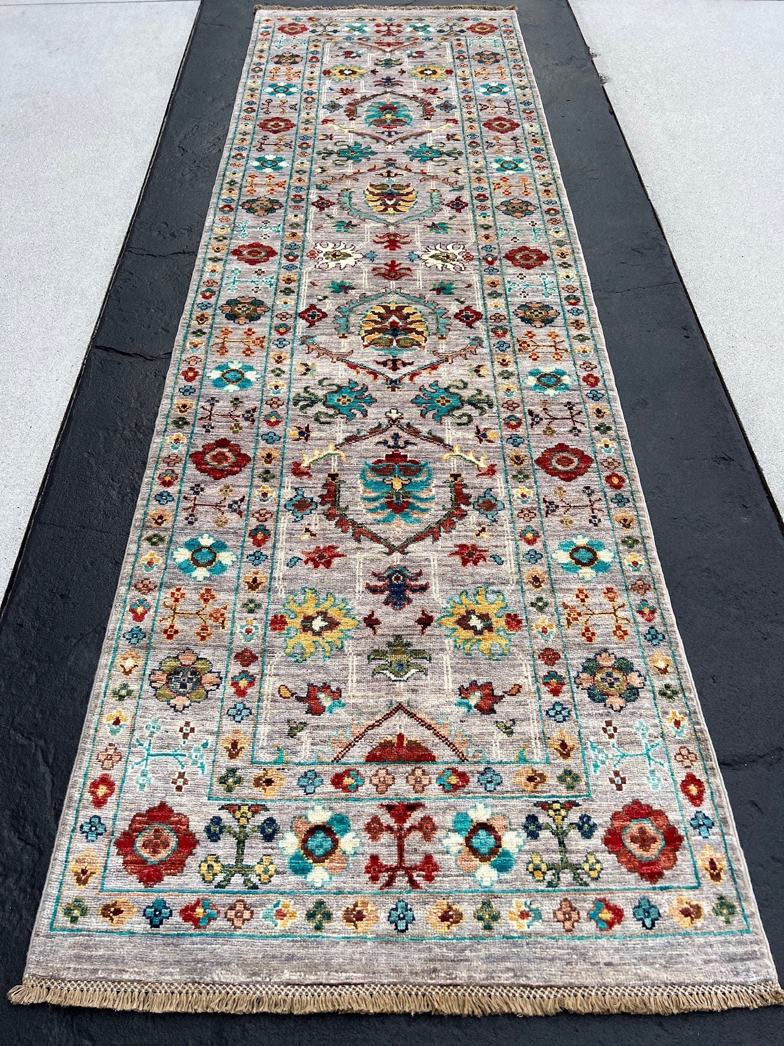 3x9 (91x290) Handmade Afghan Runner Rug | Grey White Ivory Steel Turquoise Crimson Red Forest Green Golden Yellow Burnt Orange Teal Sapphire