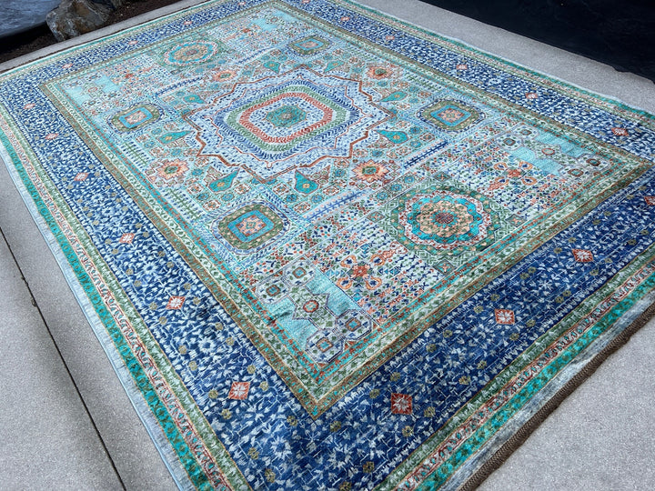 7x10 (210x305) Handmade Afghan Rug | Turquoise Indigo Royal Navy Sky Aqua Blue Burnt Coral Orange Emerald Pine Green | Wool Mamluk