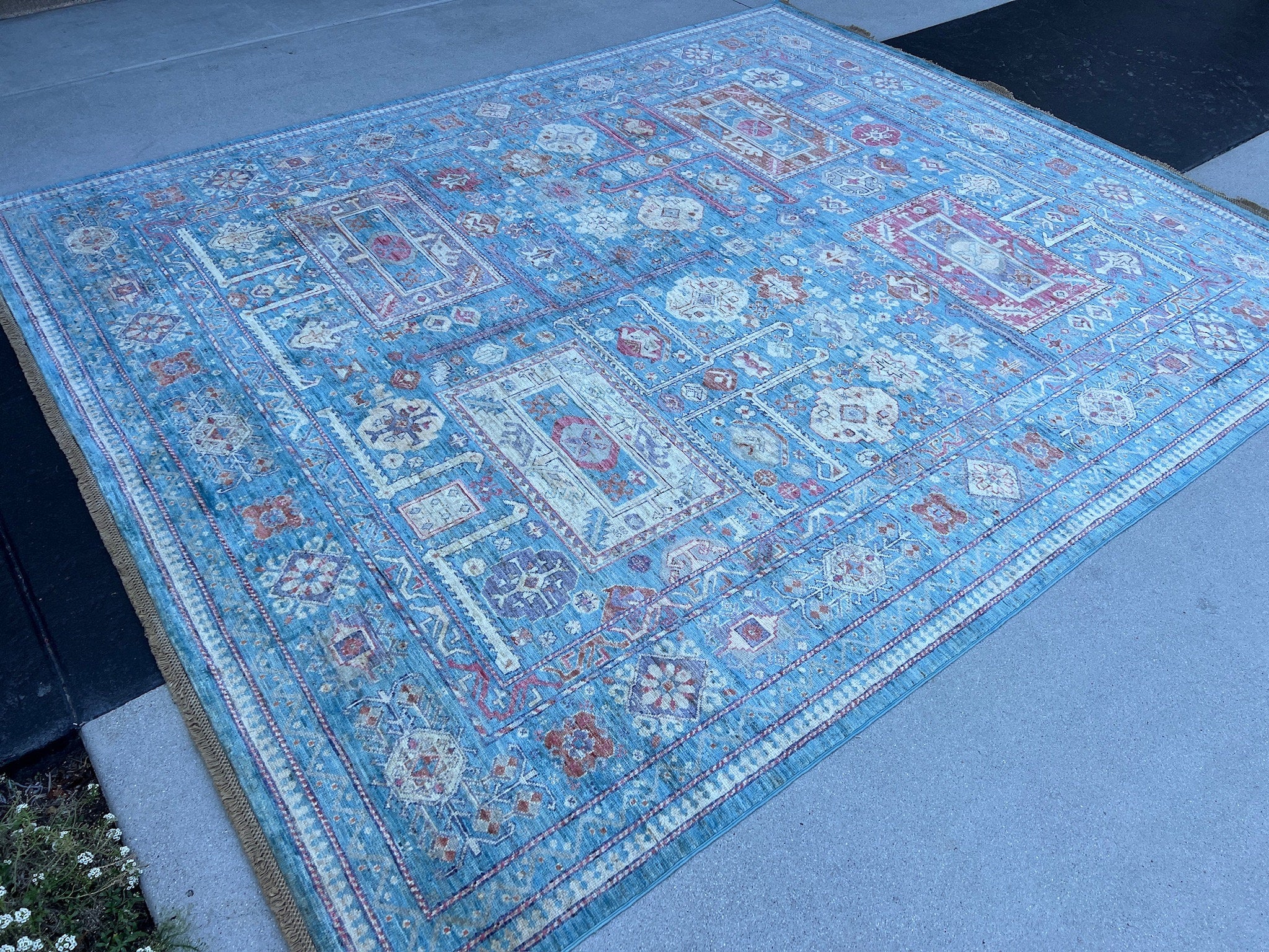 8x10 (240x300) Handmade Afghan Rug | Aqua Sky Blue Crimson Burgundy Red Ivory Cream Gold Cream | Wool Floral Geometric Tribal Gabbeh